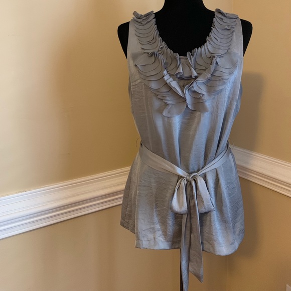 Adiva Tops - Gray ruffle front sleeveless top